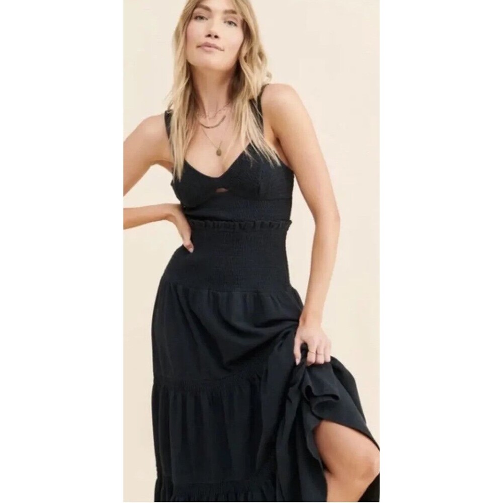 Anthropologie Maxi Dress Women Ruched Tiered Black Preppy  Boho Large P NWT